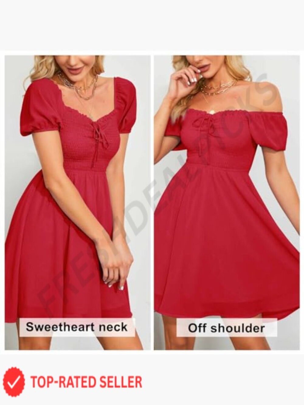 Sweetheart Neckline Smocked Sundress Puff Sleeve Drawstring Flowy Swing Dress - Picture 2 of 7